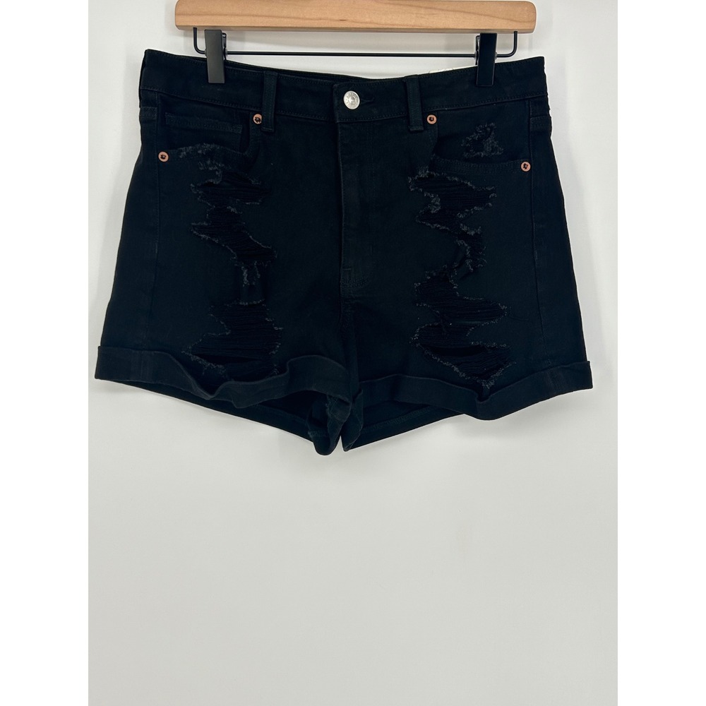 "NWT" American Eagle‎ Mom Short Stretch Black Rolled Cuff Distressed Women Sz 10
